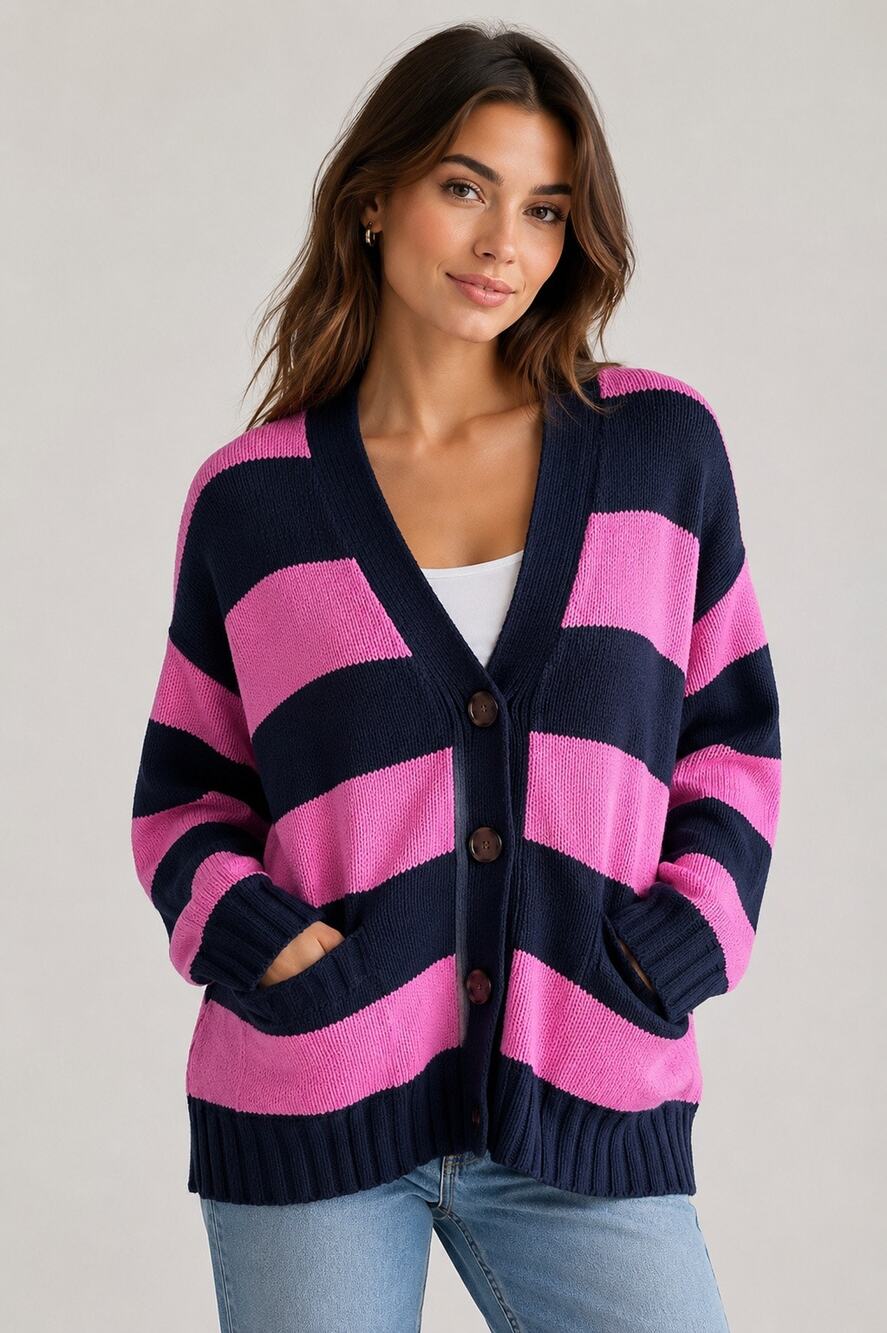 LOFT Pink Navy Striped Oversized Cardigan Sweater Medium